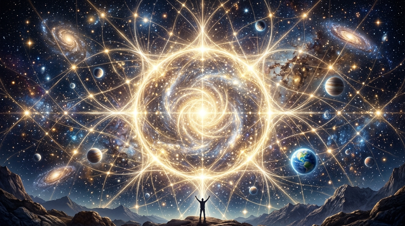 Engelszahl 000 Energie -- goldenes Licht, das sich kreisförmig ausdehnt und alles verbindet