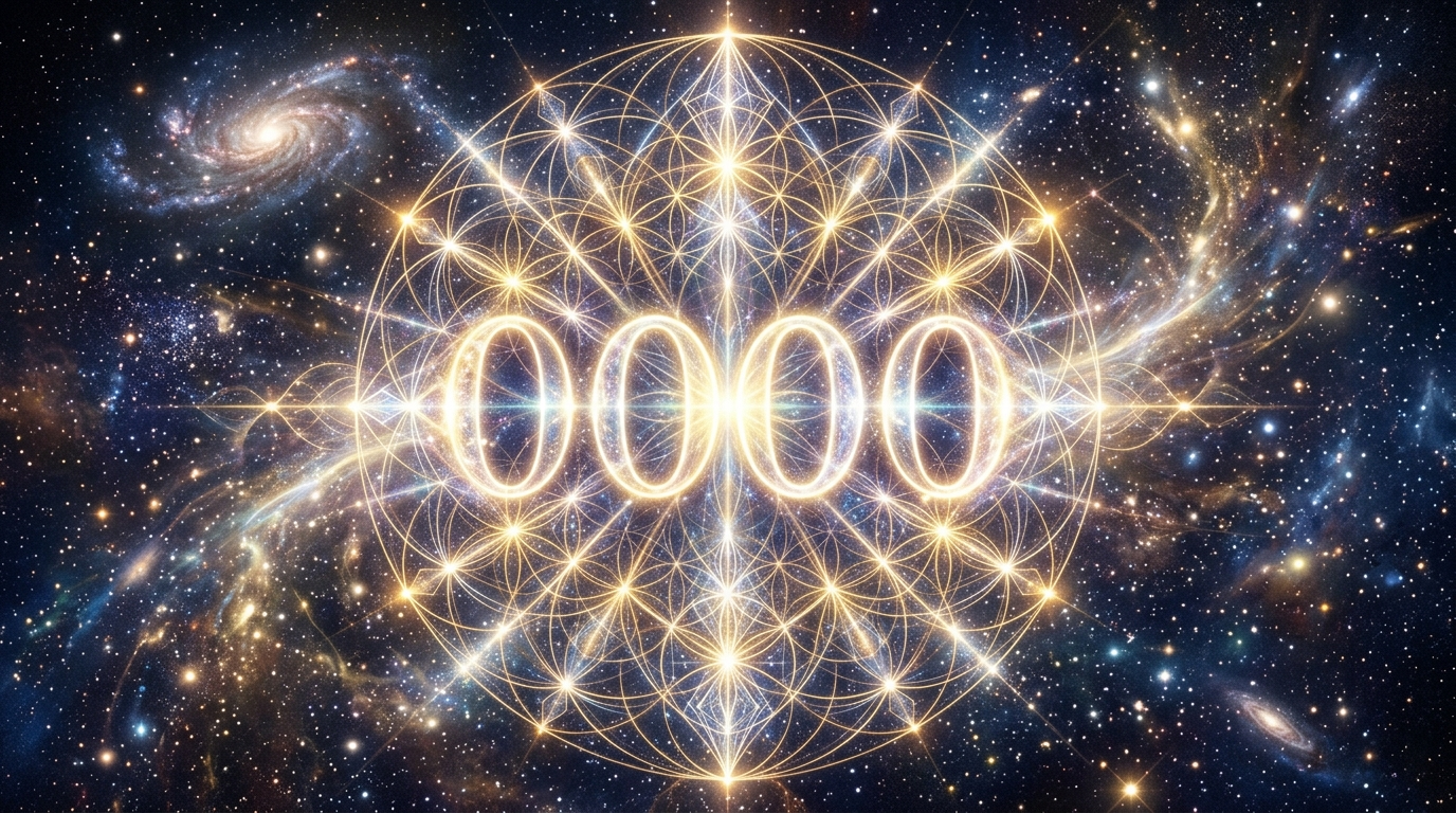 Engelszahl 0000 Bedeutung: leuchtende Nullen auf dunklem Sternenhimmel
