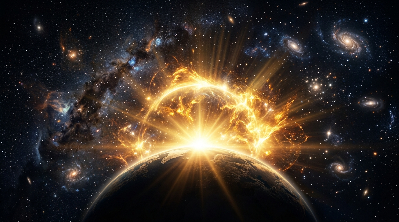 Engelszahl 0101 Energie -- goldenes Licht fließt durch geöffnete Hände in einem Sonnenaufgang