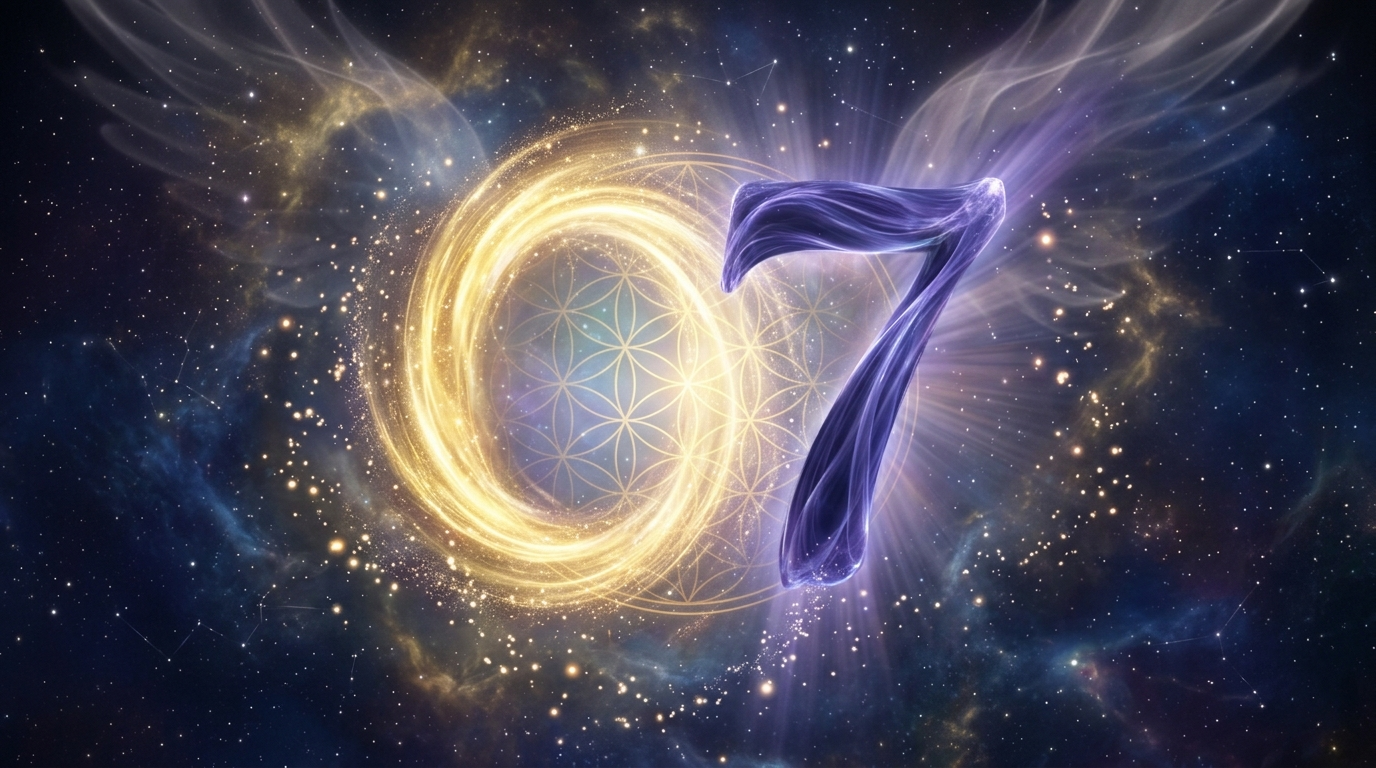 Engelszahl 07 Bedeutung -- ein mystisches goldenes Licht umhüllt die Zahl 7 vor einem Sternenhimmel