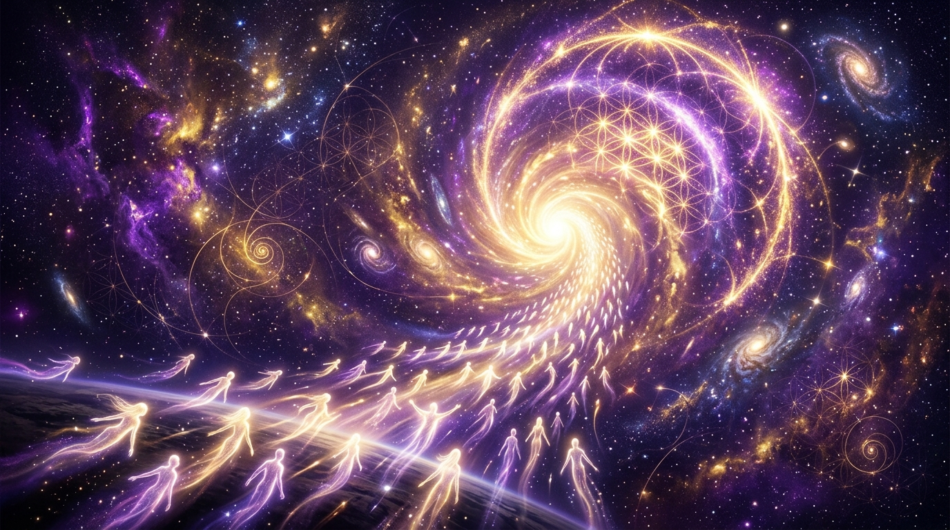 Engelszahl 0909 Bedeutung mit goldenem Licht und Symbol der Vollendung auf violettem Hintergrund