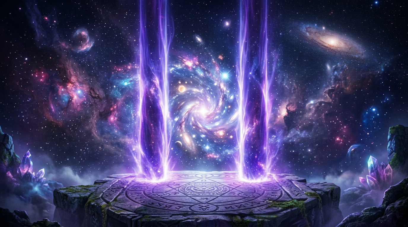 Engelszahl 11 Bedeutung als spirituelles Portal mit violetter Indigo-Aura und zwei parallelen Linien