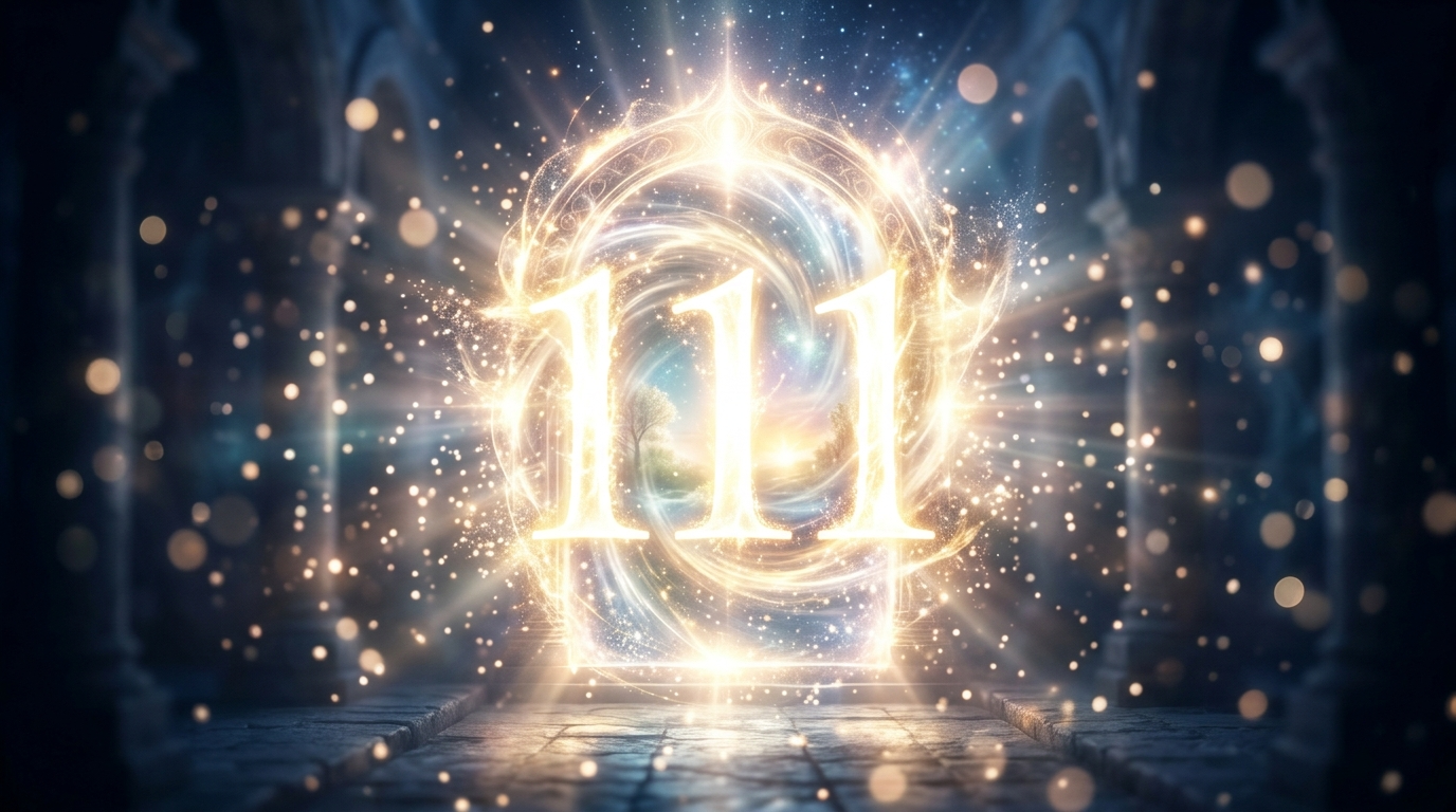Engelszahl 111 strahlend in goldenem Licht Portal der Manifestation mit Engelsflügeln