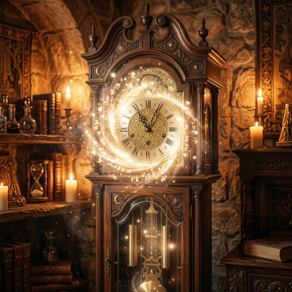Antike Uhr zeigt 1:11 goldenes mystisches Licht Manifestationsfenster