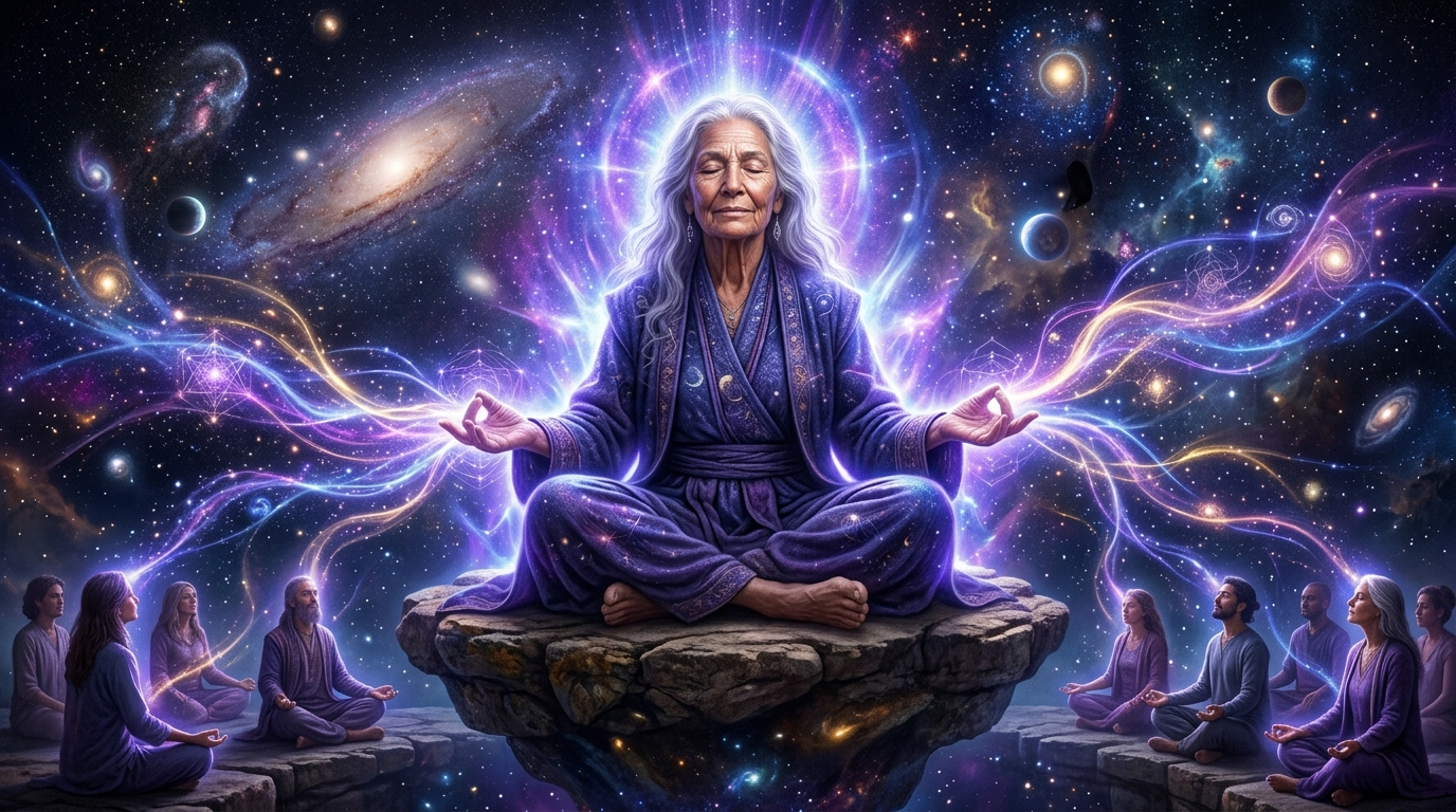 Engelszahl 1133 Energie -- ein Mensch meditiert in einem goldenen Lichtfeld, umgeben von kosmischen Symbolen
