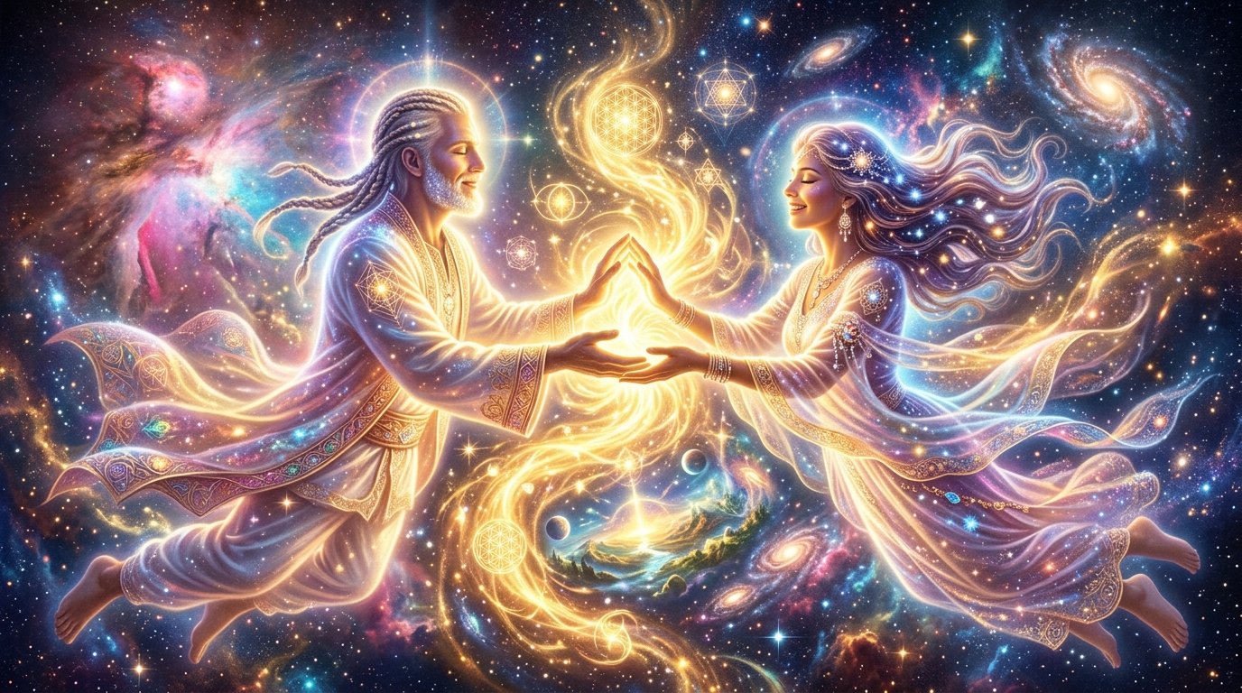 Engelszahl 2111 Energie: verschlungene goldene Lichter als Symbol für Teamarbeit