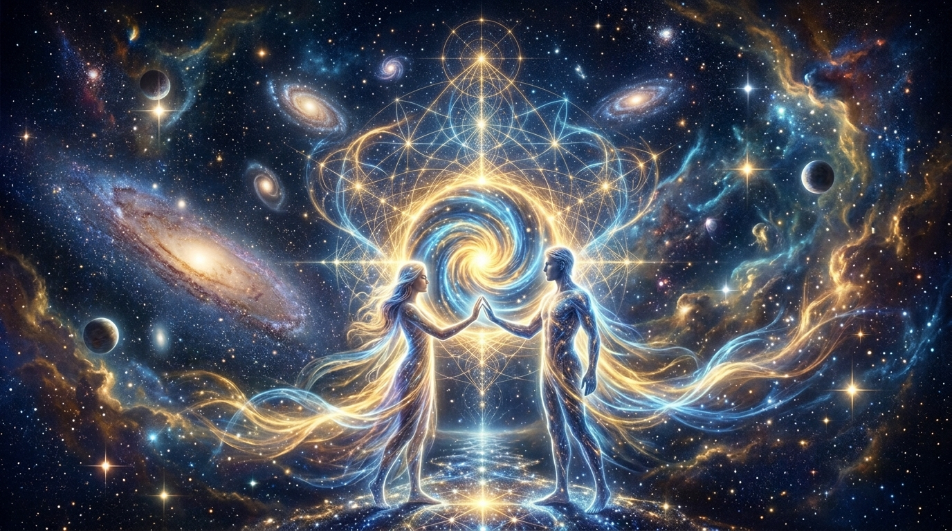 Engelszahl 2202 Bedeutung: zwei leuchtende Spiralen in perfekter Balance auf nächtlichem Sternenhimmel