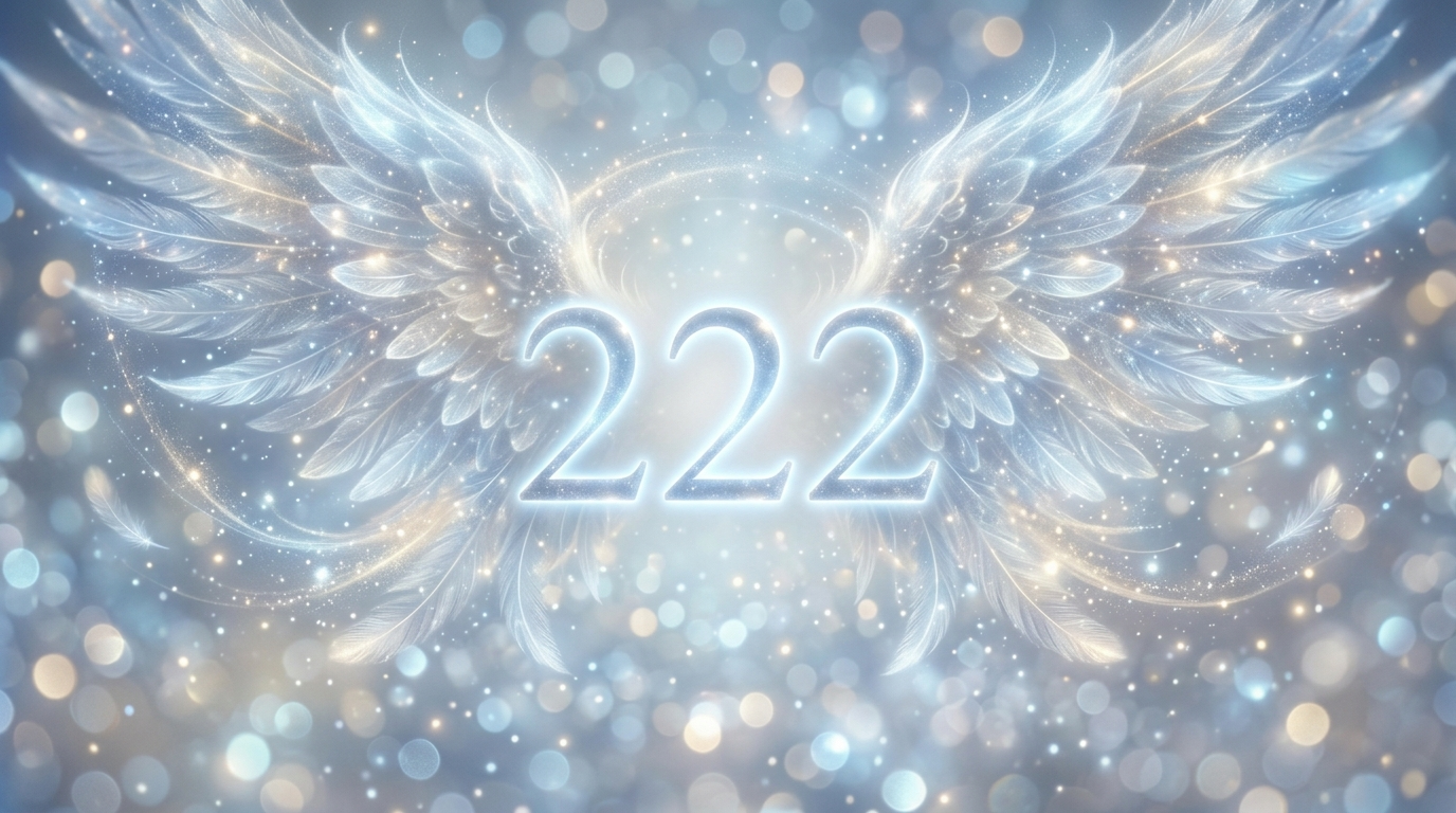 Engelszahl 222 leuchtend in sanftem Blau und Silber mit Engelsflügeln im Hintergrund