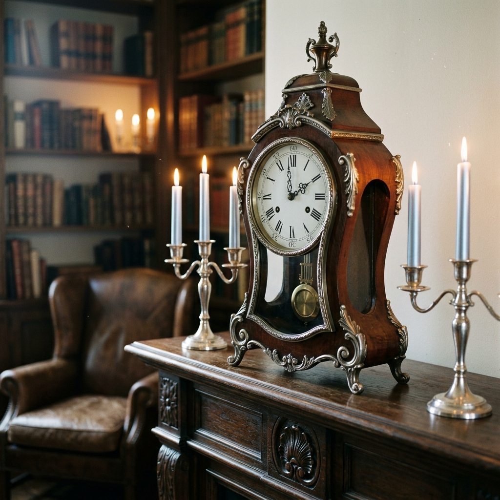 Elegante antike Uhr die 2:22 zeigt mit mystischer Kerzenlicht-Atmosphäre