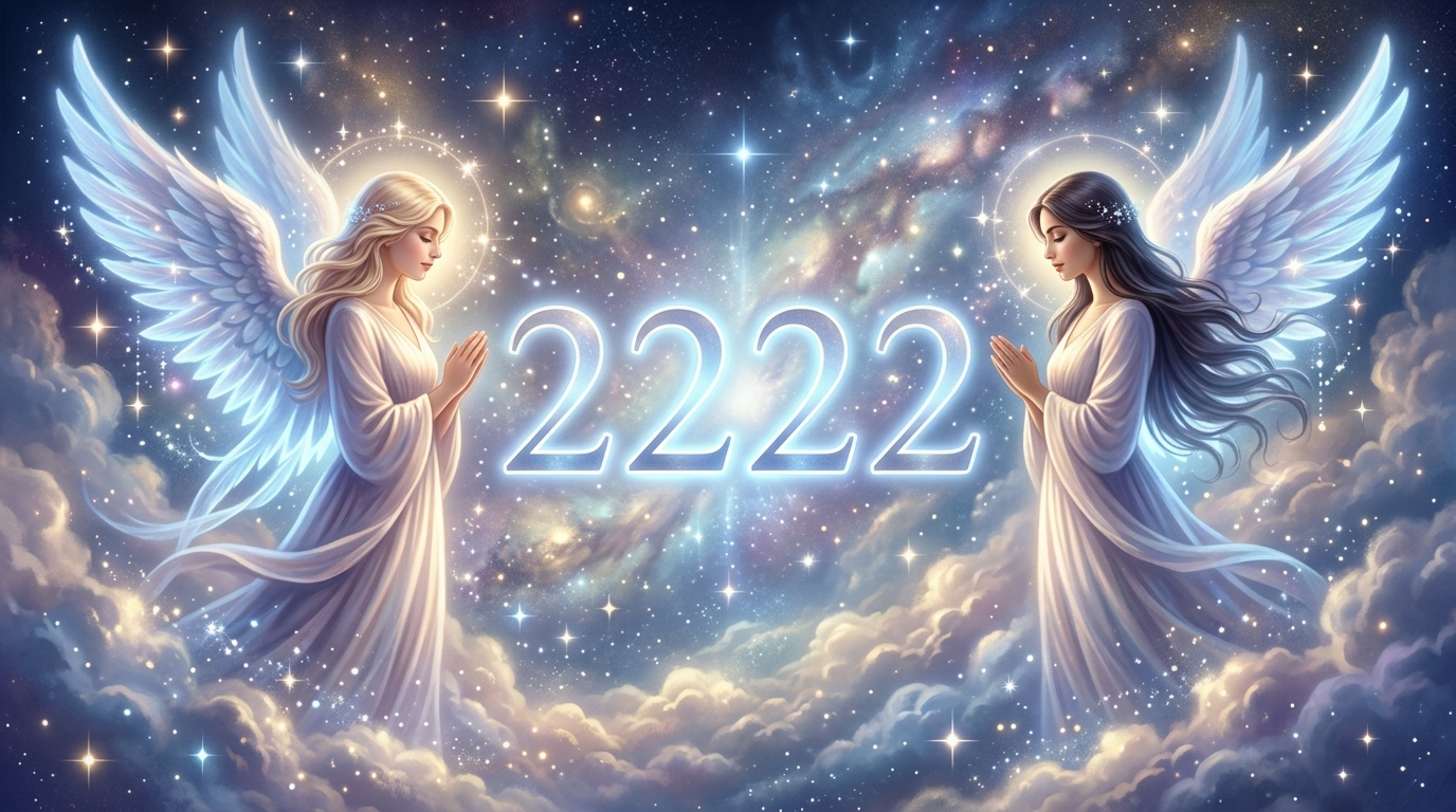 Engelszahl 2222 Bedeutung mit Harmonie-Symbolik und goldenen Zahlen auf kosmischem Hintergrund