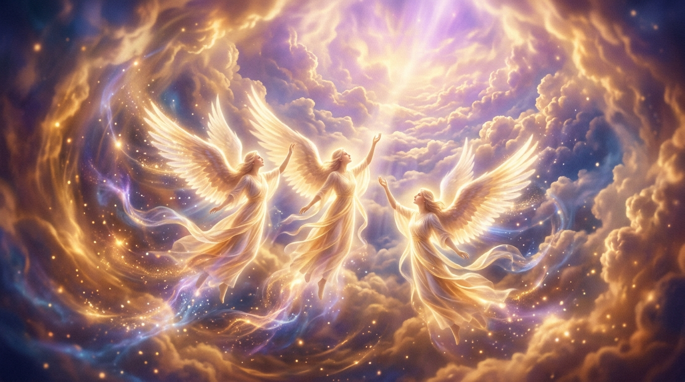 Drei leuchtende Engelsgestalten aufsteigend goldenem lila Licht Zwillingsflammen