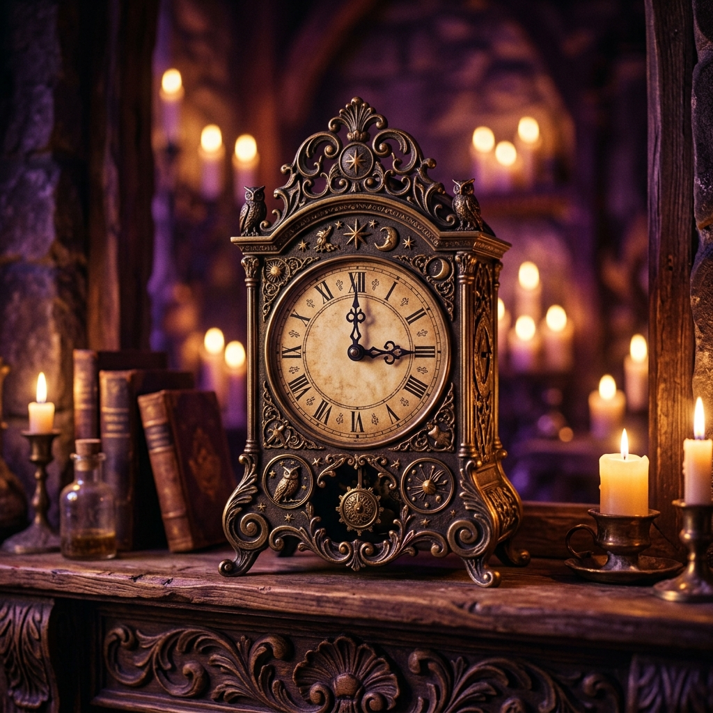 Antike Uhr zeigt 3:33 Uhr mystische Kerzen lila goldenes Licht