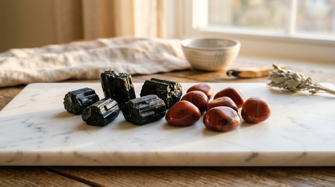 Schwarzer Turmalin und Roter Jaspis Heilkristalle Engelszahl 444