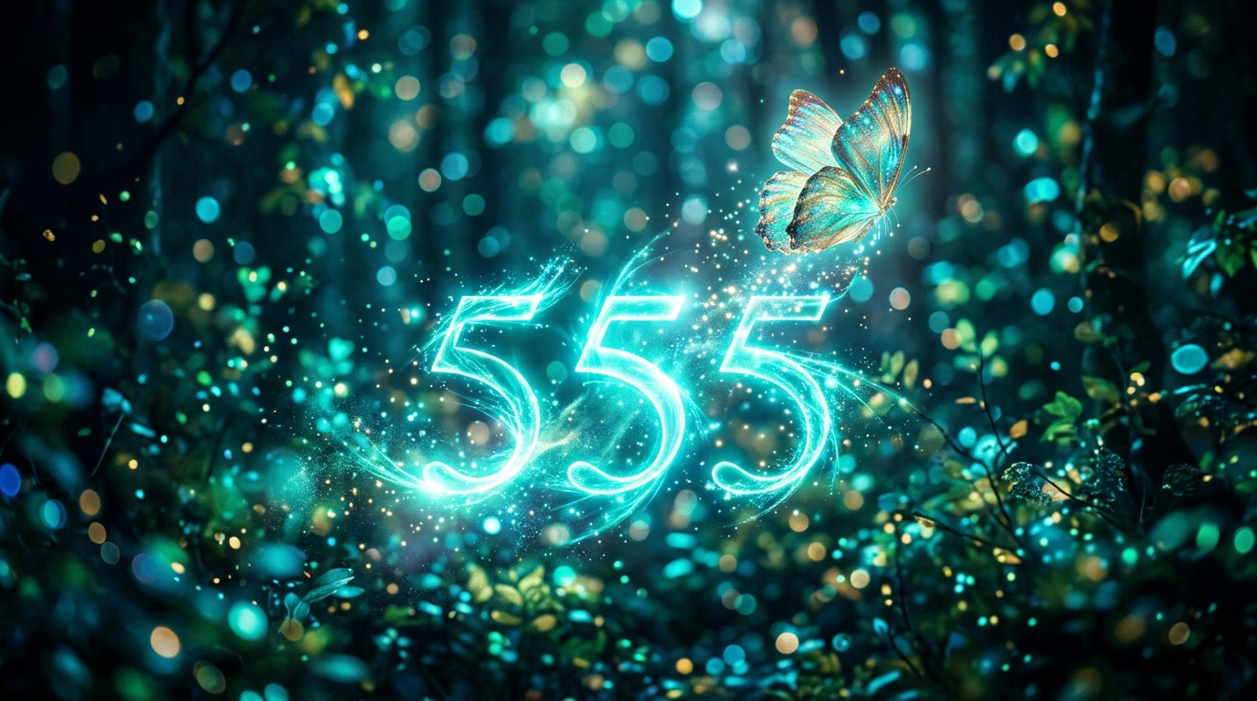 Engelszahl 555 in türkisem Leuchten mit Schmetterling, Transformation und Wandel Symbolik