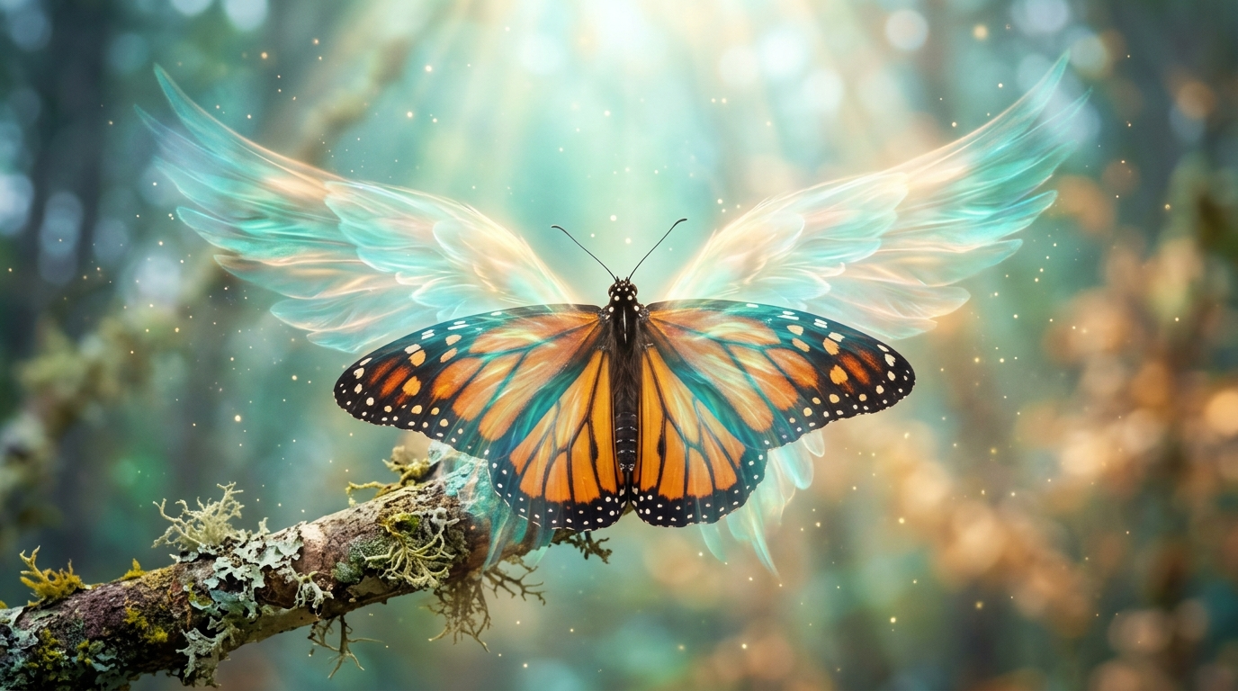 Spiralförmige Transformation in goldblauem Licht, vier Phasen des Wandels bei Engelszahl 555