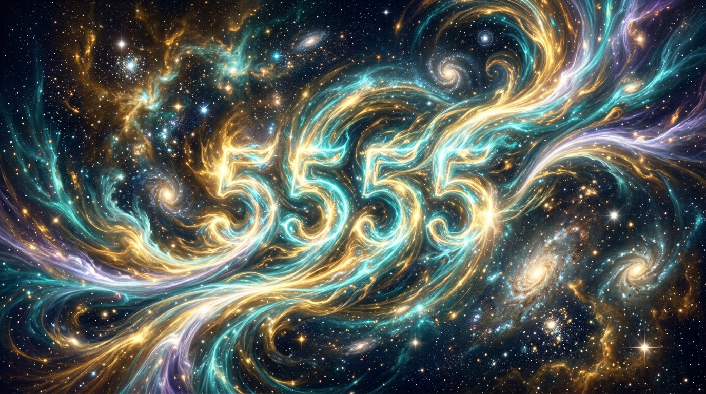Engelszahl 5555 Bedeutung und Transformationssymbolik mit goldener Fünf auf spirituellem Hintergrund