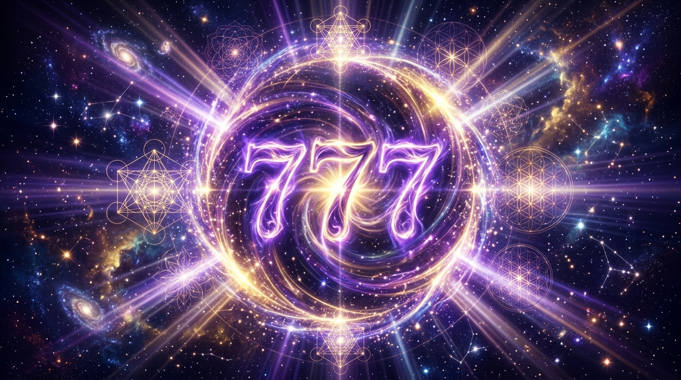 Engelszahl 777 als spirituelles Symbol in leuchtendem Indigo und Gold
