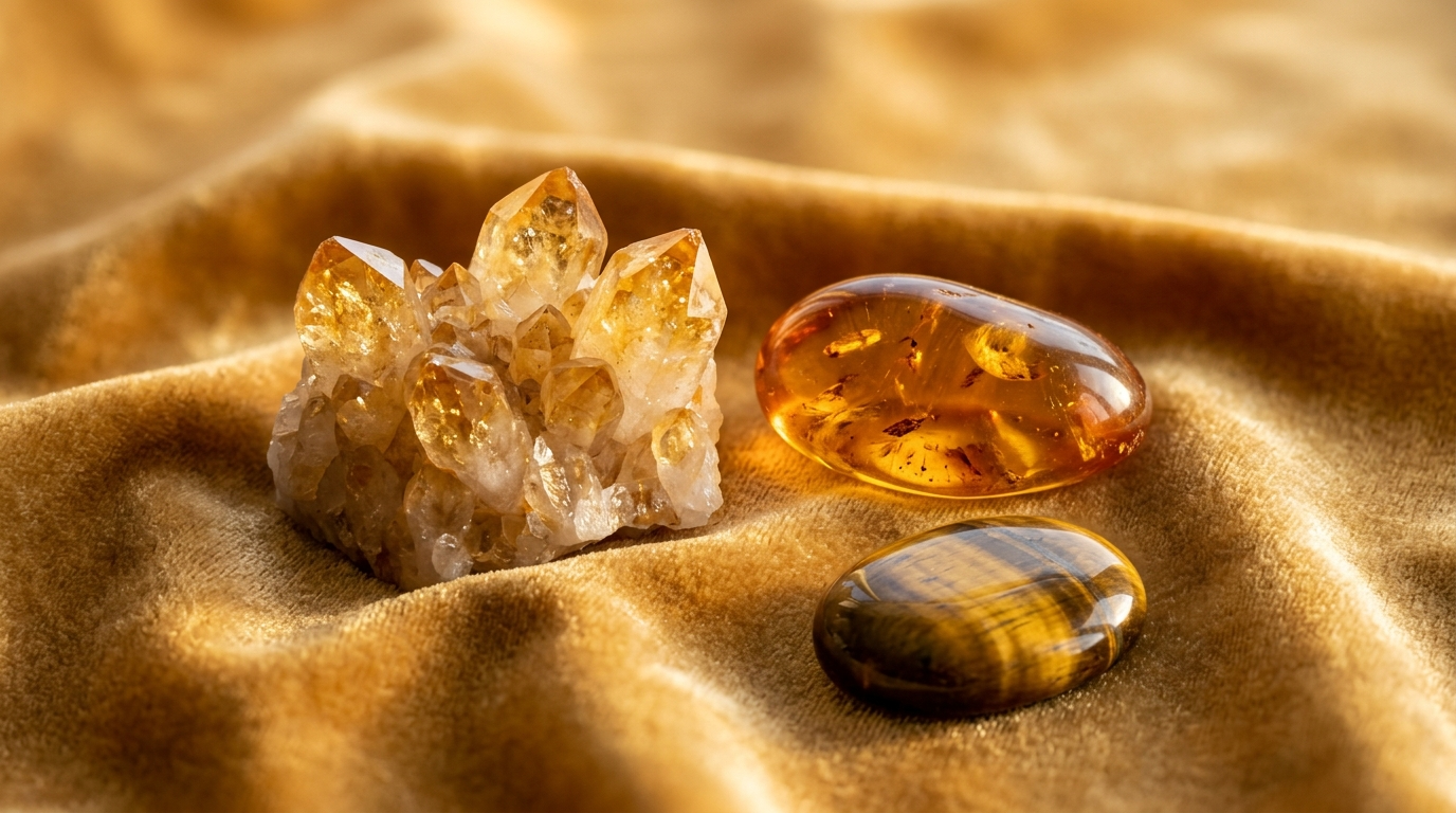 Citrin, Bernstein, Pyrit und Tigerauge als Kristalle der Engelszahl 888