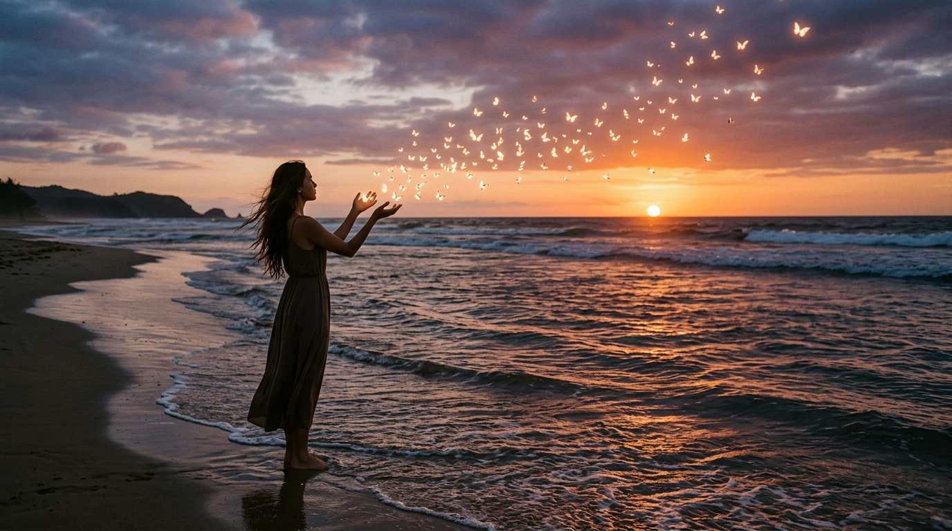 Engelszahl 999 Abschluss und höherer Sinn – Licht am Ende eines Tunnels mit spirituellen Symbolen