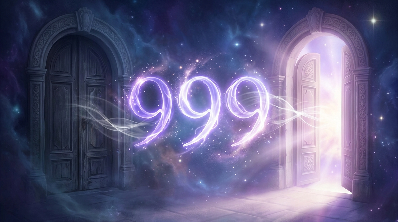 Engelszahl 999 Bedeutung – goldene 999 auf violettem Hintergrund mit Lichtstrahlen