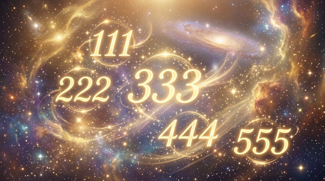 Alle wichtigen Engelszahlen von 111 bis 999 als leuchtende Zahlen auf spirituellem Hintergrund